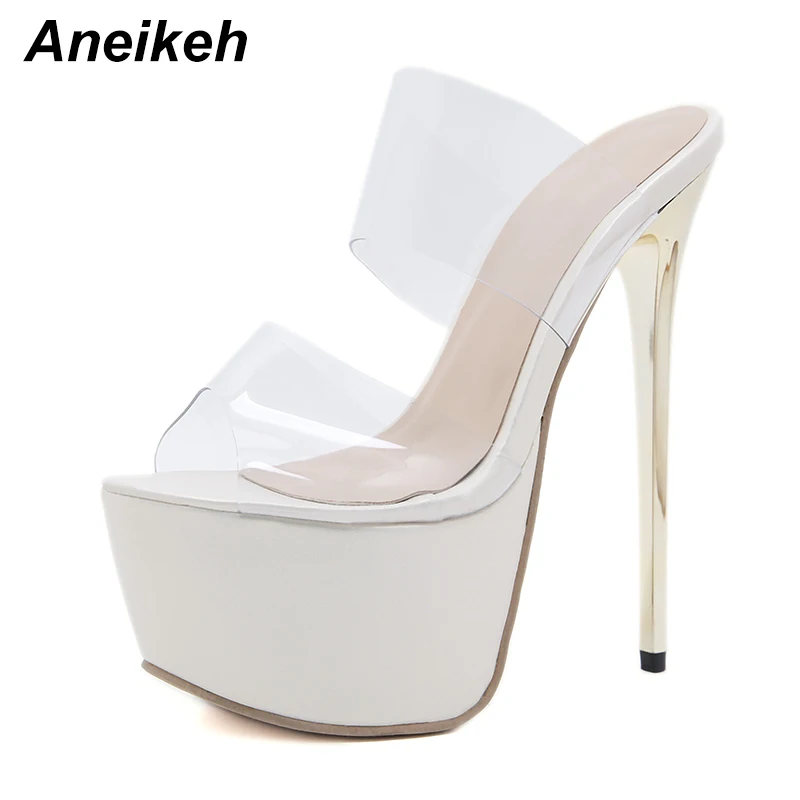 Aneikeh NEW Sexy PVC Peep Toe Transparent 17CM Stripper High Heel Slippers Summer Fashion Slip On Thin Heels Slides Women Mules