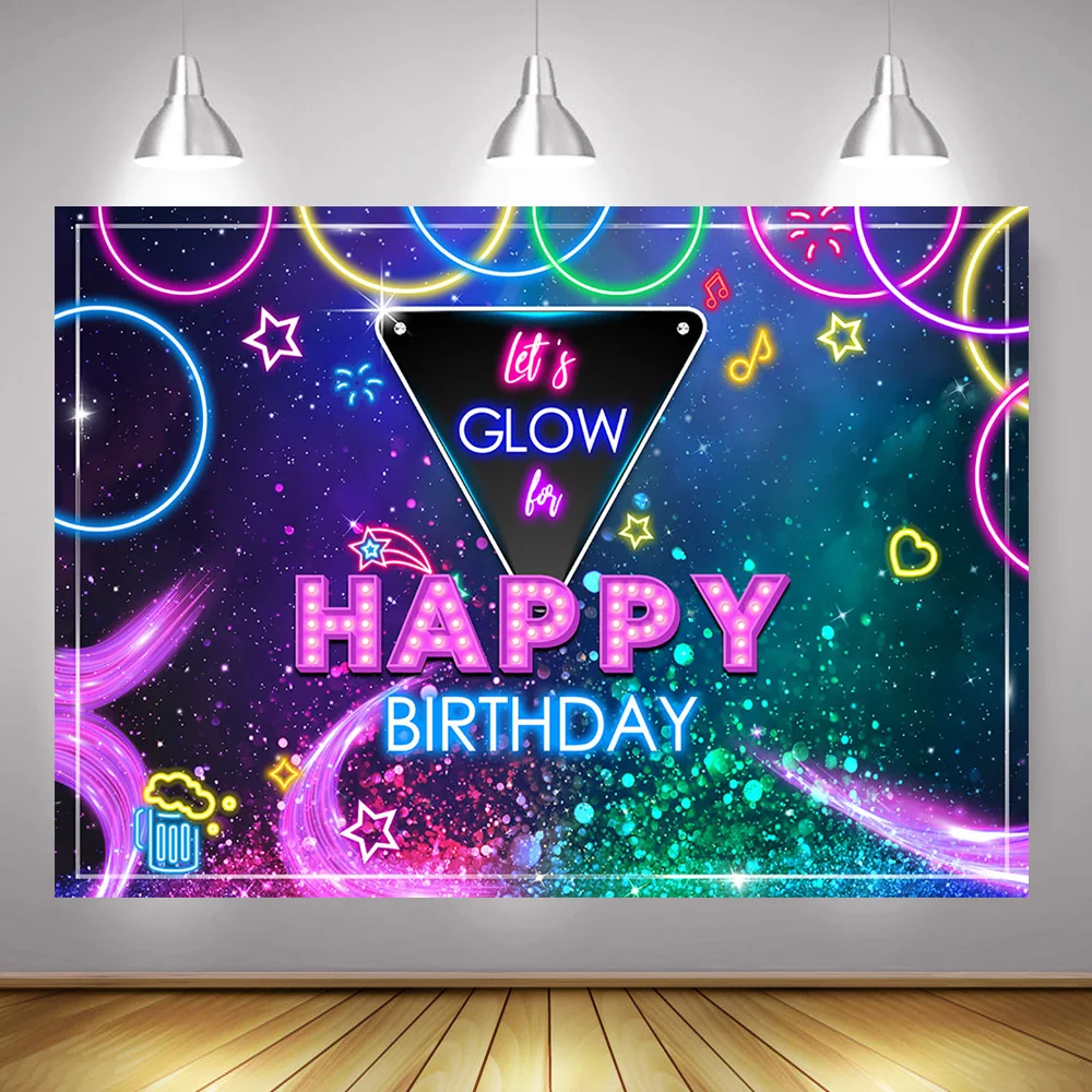 

Let's Glow Happy Birthday Backdrop Photocall Cool Colorful Glitter Birthday Party Background Decor Neon Stars Photo Studio Props