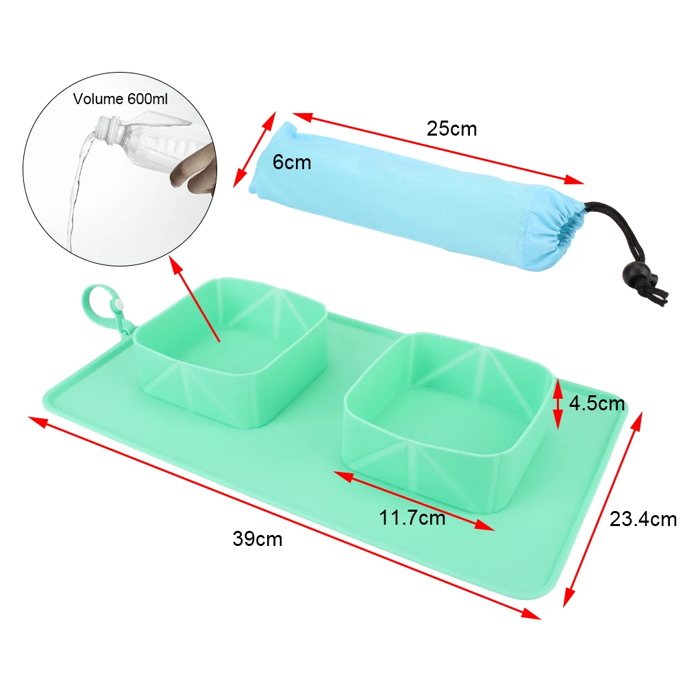 Tigelas duplas para cães e gatos Alimentador de água de silicone Tigela portátil para animais de estimação Recipiente de alimentos Dobrável Saco de flanela