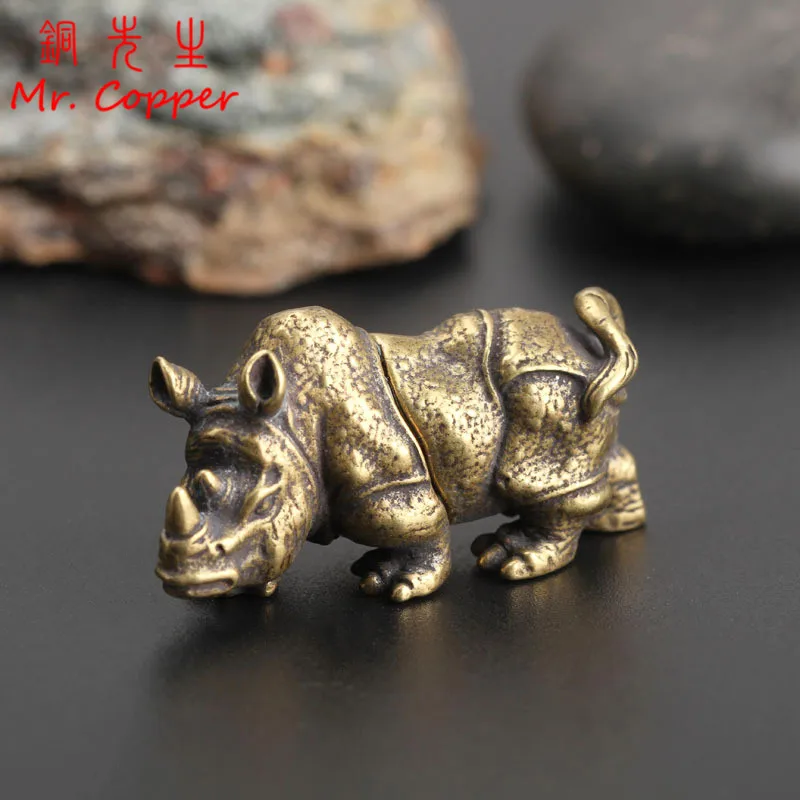 Handmade Solid Copper Rhinoceros Tea Pet Home Office Decoration Ornaments Toy Gift Desk Figurines Sculpture Mini Portable Crafts