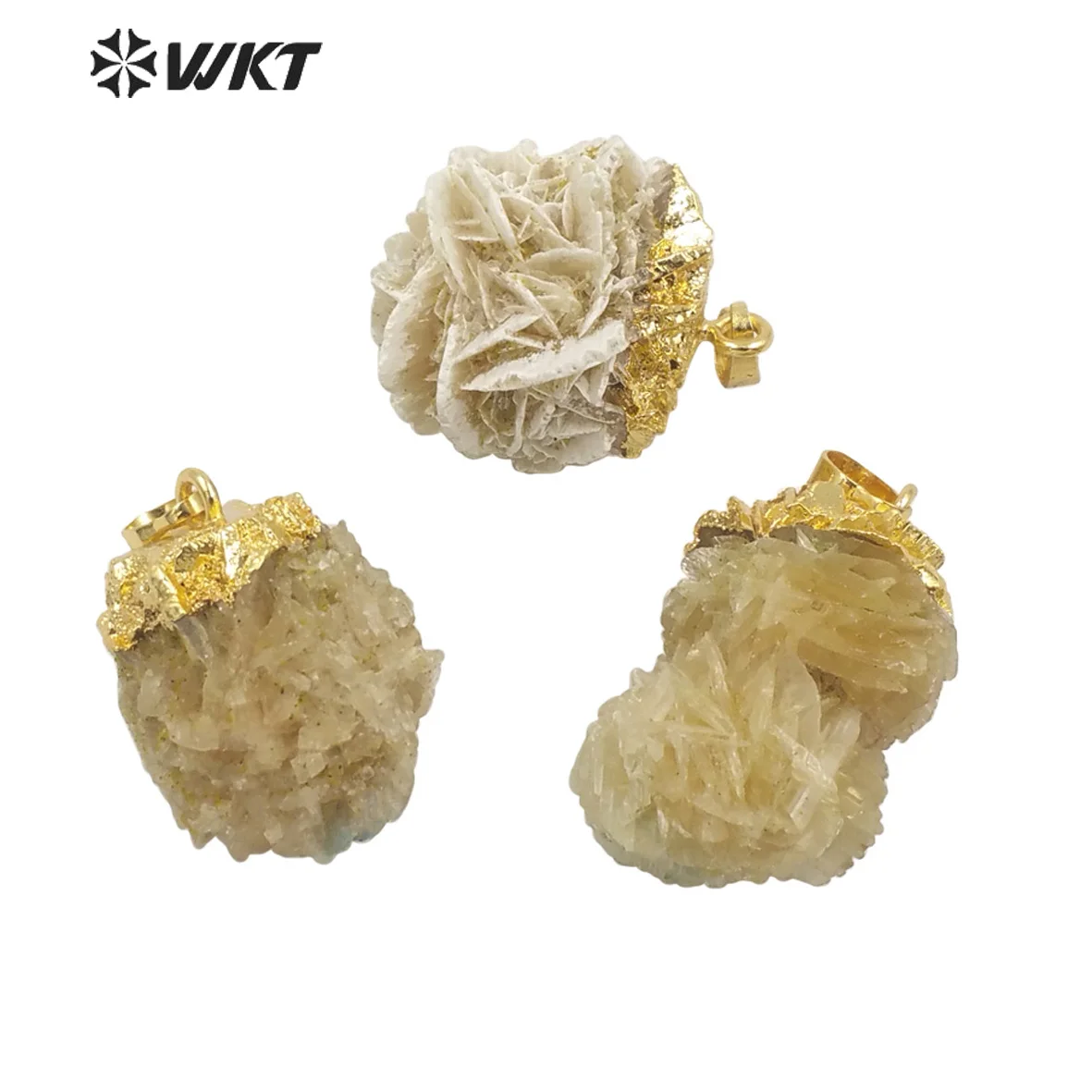 

WT-P1671 Wholesale Natural Desert Rose Stone Pendant With Real Gold Plated Top Irregular Raw Stone With Calcium Hydrosulfate