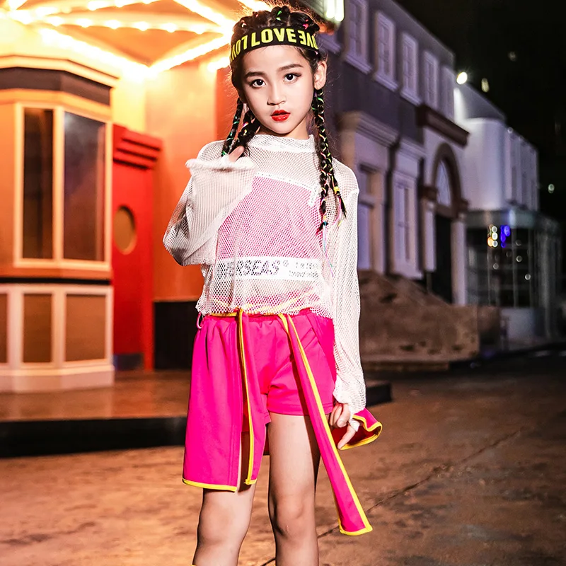 

3PCS Girls Red Cool Ballroom Jazz Hip Hop Dance Competition Costume Tank Tops Shorts Net Blouse for Kid Dancing Clothing Outfits