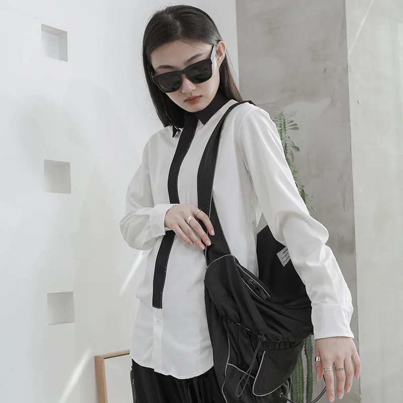 Ladies Long Sleeve Shirt Spring And Autumn New Personality Black And White Color Design Korean Casual Large Long Sleeve Shirt