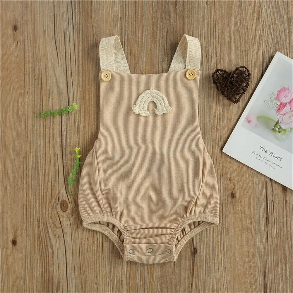 Summer Newborn Baby Clothes Infant Boy Girl Romper Solid Color Rainbow Print Square-neck Sleeveless Jumpsuit Playsuit