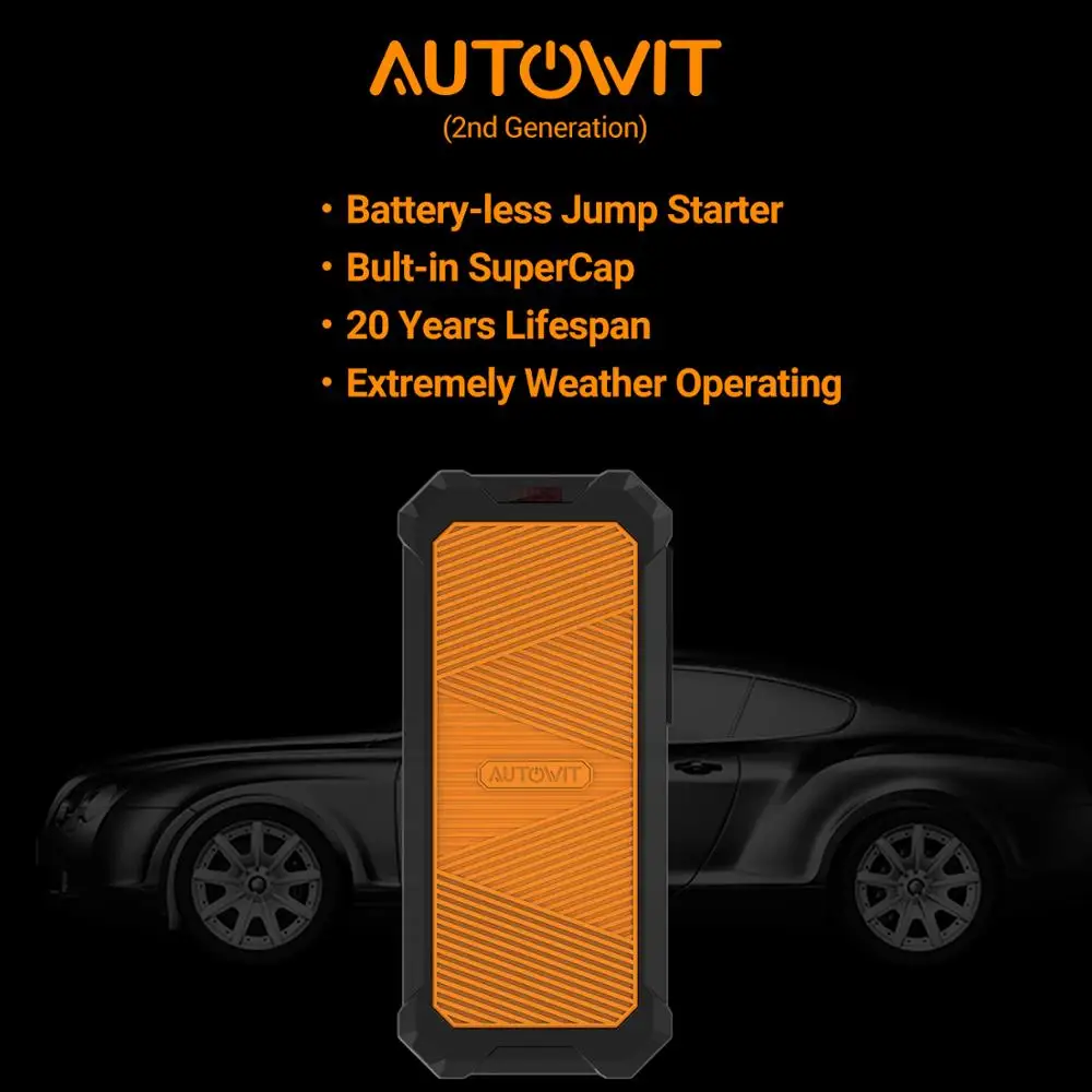 Autowit Car Jumpstarter 2, SuperCap แบบพกพาลดแบตเตอรี่ 12 โวลต์ (แก๊สสูงสุด 7.0 ลิตร, ดีเซล 4.0 ลิตร) เครื่องยนต์สตาร์ทอุปกรณ์เสริมในรถยนต์