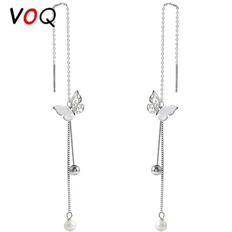 VOQ Boho Butterfly Earrings for Women Super Fairy Long Tassel Ear Line Pearl Earring Chinese Fashion Jewelry