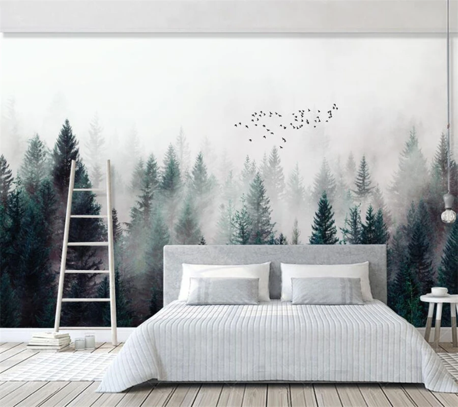 wellyu Customized large-scale mural modern fresh foggy forest cloud and mist flying bird Nordic TV background wallpaper