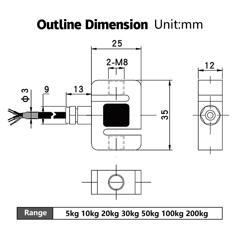 DYLY-107 Mini Pressure Pull Force S-type Load Cell Sensor Weighing Transducer Stress Tension Measuring 5KG 20KG 50/100/200KG