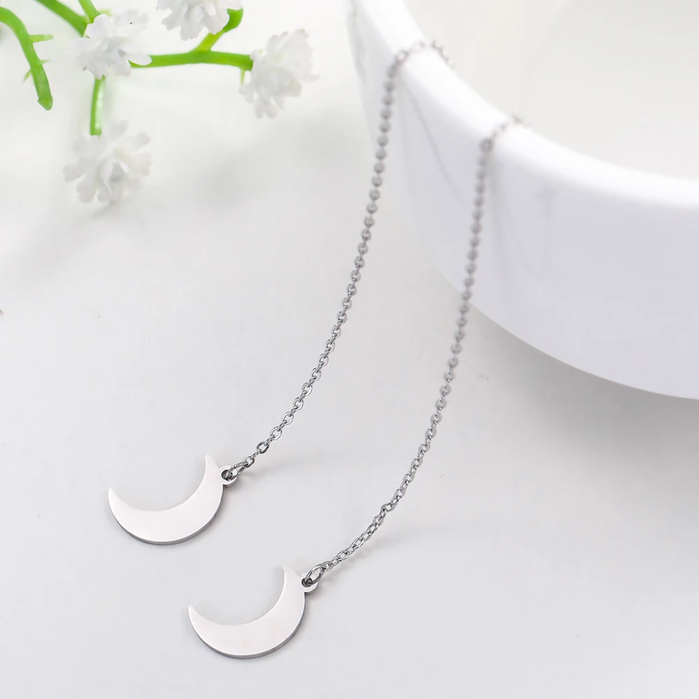 Teamer Stainless Steel Earrings for Women Long Line Chain Korean Star Moon Heart Earrings Fashion Jewelry Linear Threader