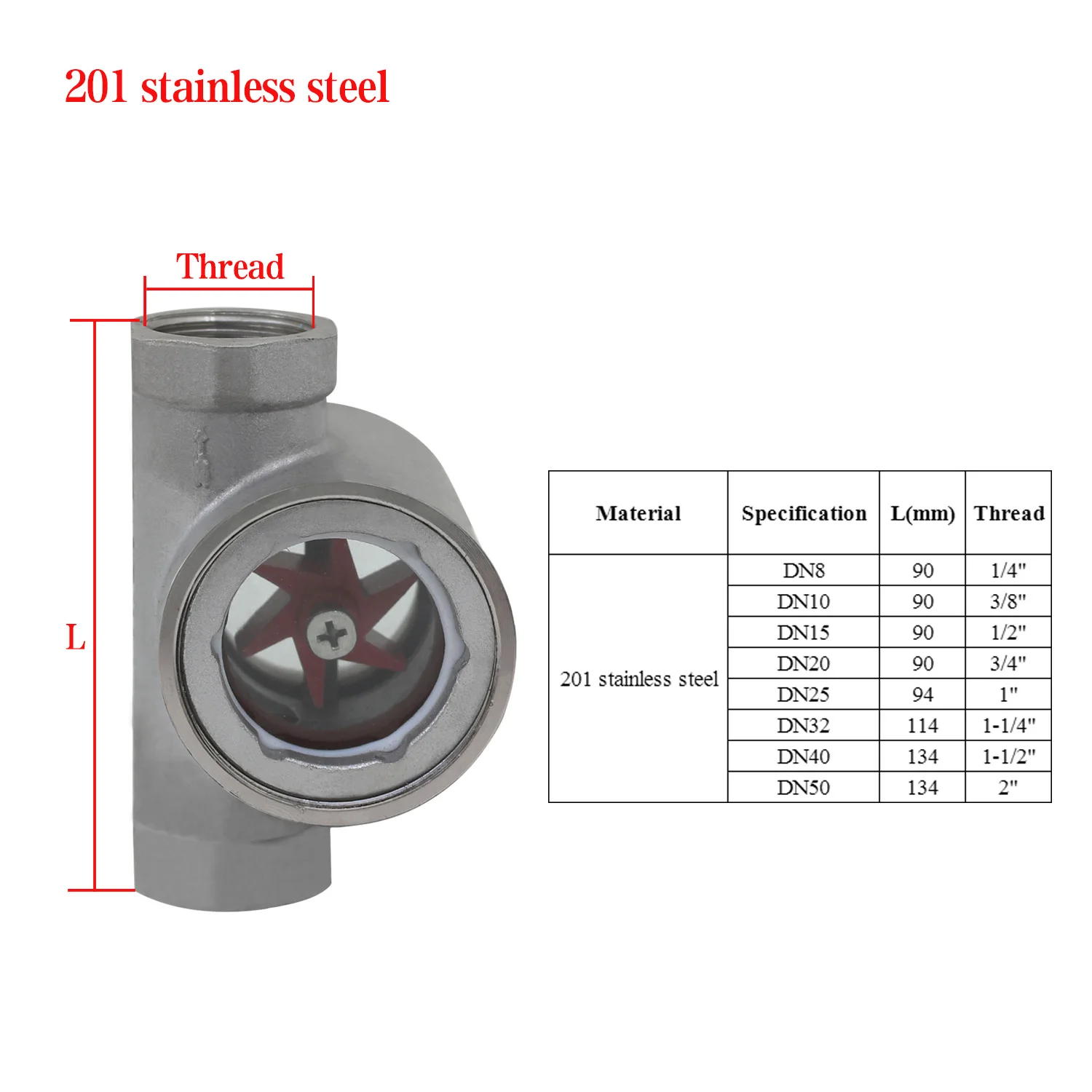 Indicador de flujo de vidrio BSPT hembra con impulsor, 3/8 ", 1/2", 3/4 ", 1" - 2 ", acero inoxidable, agua, aceite, 1/4"