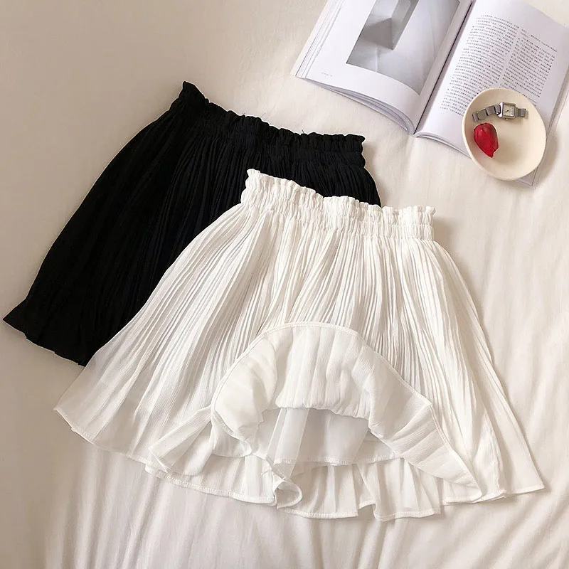 Solid Chiffon Summer Shorts Skirt Women Fashion Elastic Waist Pleated Mini Skirt Casual Beach Faldas Saias