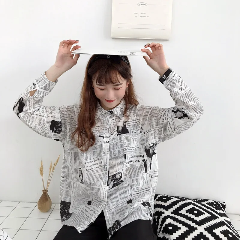 Mazefeng 2021 Spring Women Casual Shirts Loose Style Female Vintage Shirts Turn-down Collar Women Shirts Ladies Print Newspaper