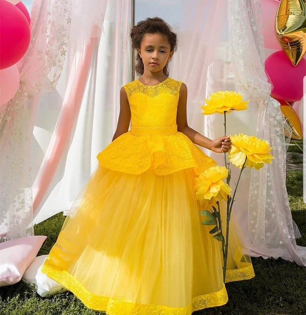 Vestidos de Encaje amarillo de princesa para nina y nina vestido de baile de boda vestido sin mangas para ninos pequenos hasta el suelo vestido de desfile para cumpleanos