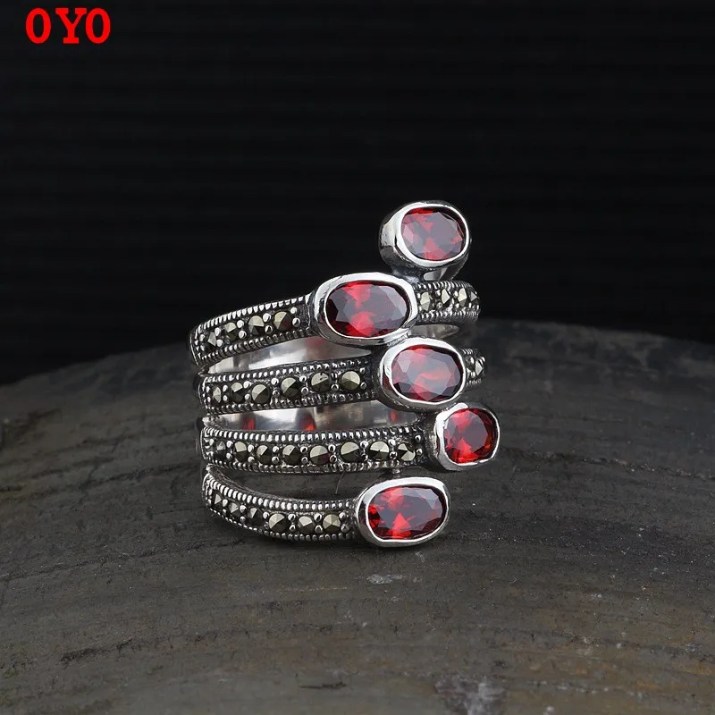 

100%S925 sterling silver jewelry precision fashion atmosphere garnet inlaid women's Thai silver ring