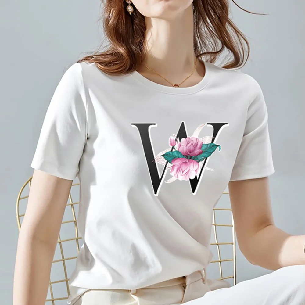 

Women's Summer Casual Simple White T-shirt 26 English Flower Letters A B C D E F Women's Top Soft and Comfortable Half Sleeve