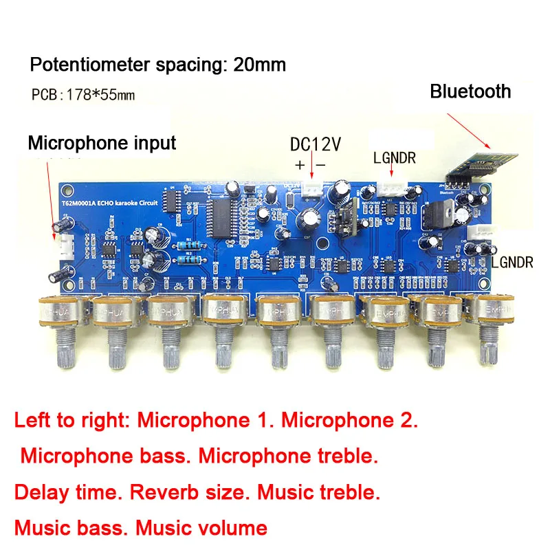 T62M0001A Karaoke Reverb Board Tone Preamp Preamplifier Board Trebel Bass Adjustment control Stereo music amplifier Bluetooth