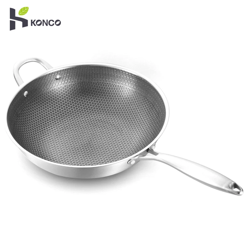 KONCO Stainless Steel Honeycomb Skillet Pan,Without Oil Smoke Wok,,Suitable for Gas and Induction Cooker Kitchen Tool