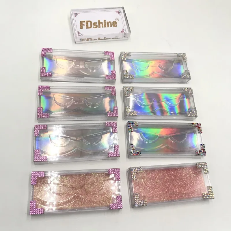 Caixa de embalagem de cílios com logotipo personalizado, caixa de diamante com glitter 3D 5D, cílios de vison, strass, caixas de cílios postiços