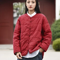 LZJN New Cotton Linen Women's Clothing Retro Frog Buttons Long Sleeved Cotton Padded Jacket