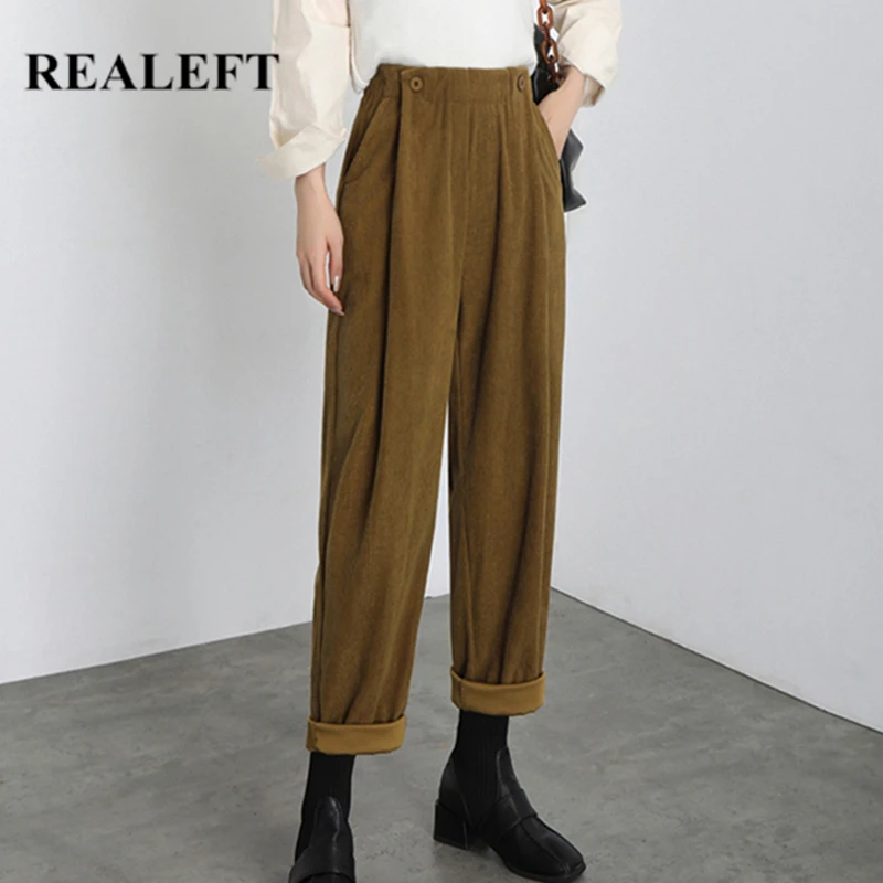 REALEFT Autumn Winter Casual Loose Women's Wide Leg Corduroy Pants 2021 New Vintage High Waist Button Solid Trousers Female Pant