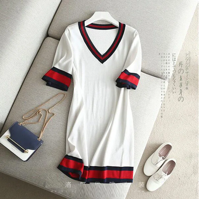 

2021 New Women Knitted Summer Dresses Ice Silk Slim Temperament Striped V-Neck Casual Short Sleeve Female Dress LJ3211