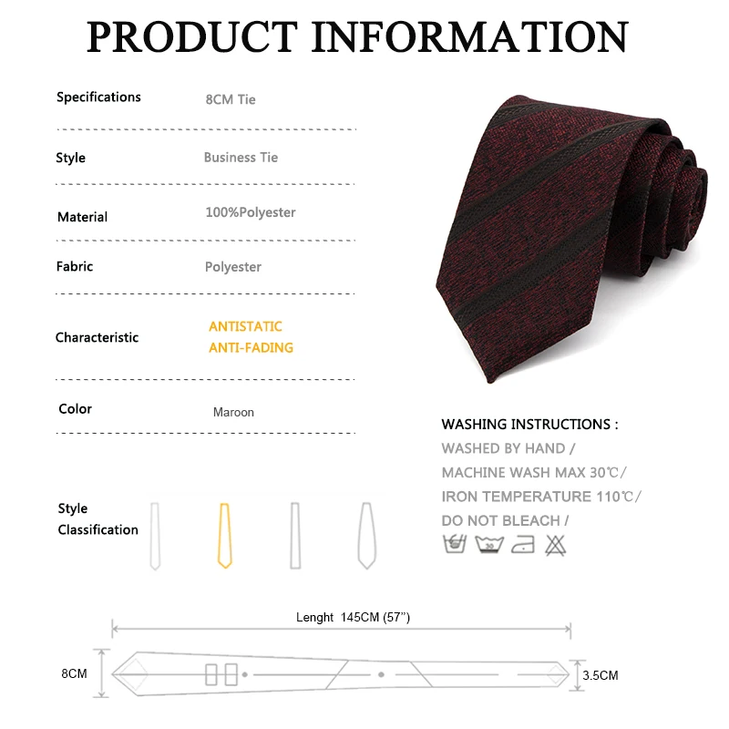 Maroon Striped Ties for Men 8 CM Wide Dresses Necktie High Quality Fashion Formal Work Cravat Male Gift With Box