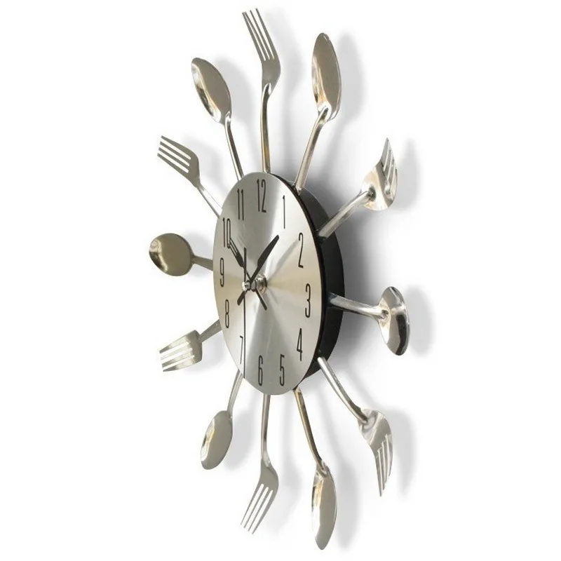 New Modern Kitchen Cheap Wall Clock Sliver Cutlery Clocks Spoon Fork Creative Wall Stickers Mechanism Design Home Decor Horloge