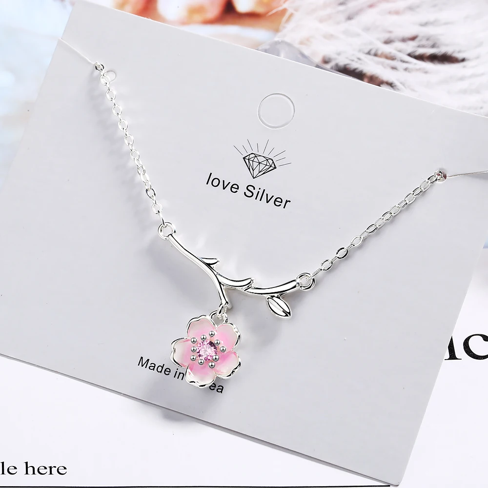 925 Sterling Silver Pink Cherry Blossom Necklaces Fashion Daily Jewelry Flower Pendant Necklace Colar de Prata S-N437