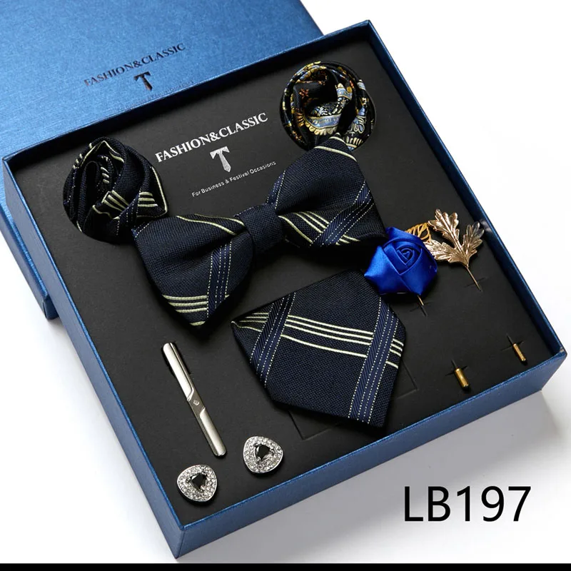 Hochwertige Geschenkbox für Feiertage, 7,5 cm, blaues Blumenmuster, Einstecktuch, Manschettenknöpfe, Krawattenclip, Krawatte für Herren, Geburtstagsgeschenk – Detail 35