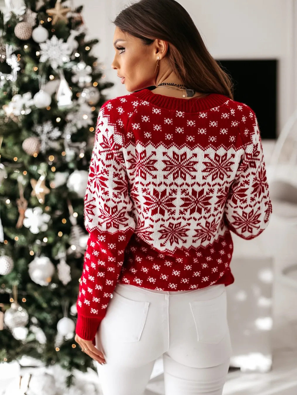 Suéter de punto para mujer, jersey con estampado de alce y copo de nieve, otoño e invierno, navidad