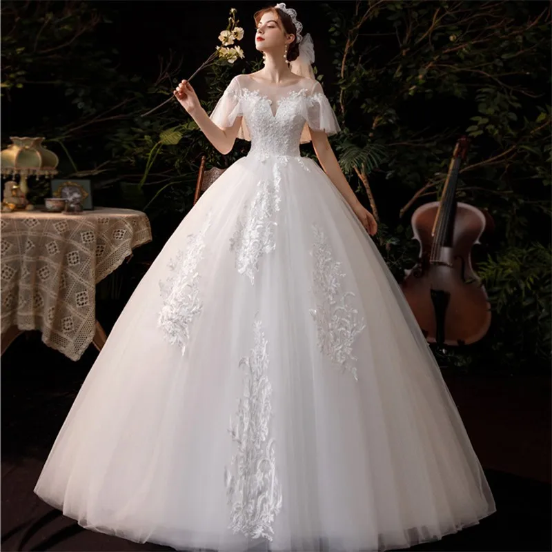 

Elegant O-Neck Short Flare Sleeve Vestido De Noiva 2021 Wedding Dress Luxury Applique Lace Sequined Bride Gowns Pluse Size