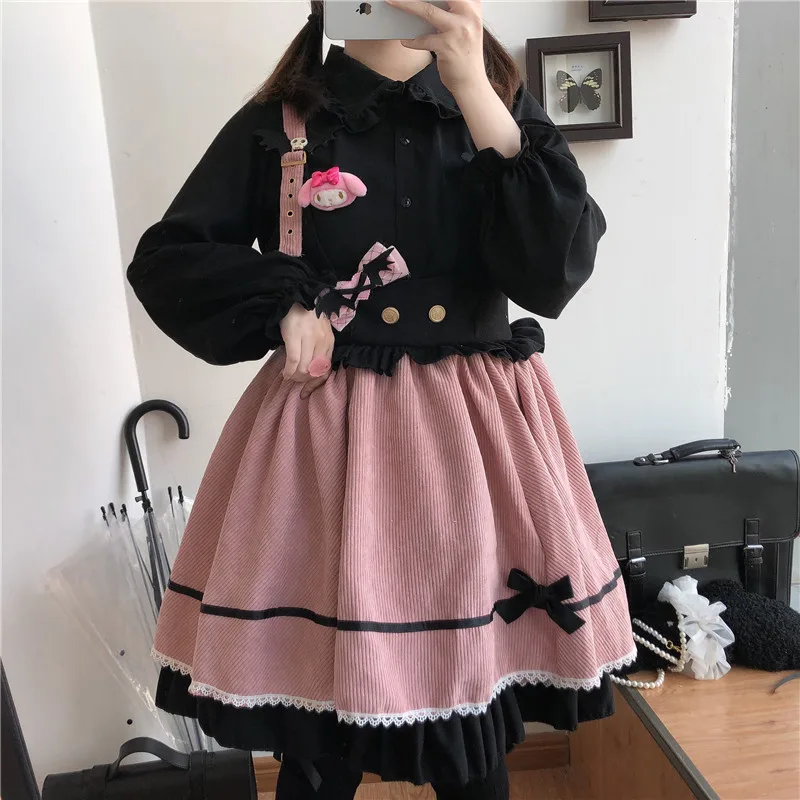 Vintage Corduroy High Waisted Skirt Women Harajuku Lolita Kawaii Stitch Lace Bow Cosplay Fashion Gothic Female Suspender Skirts