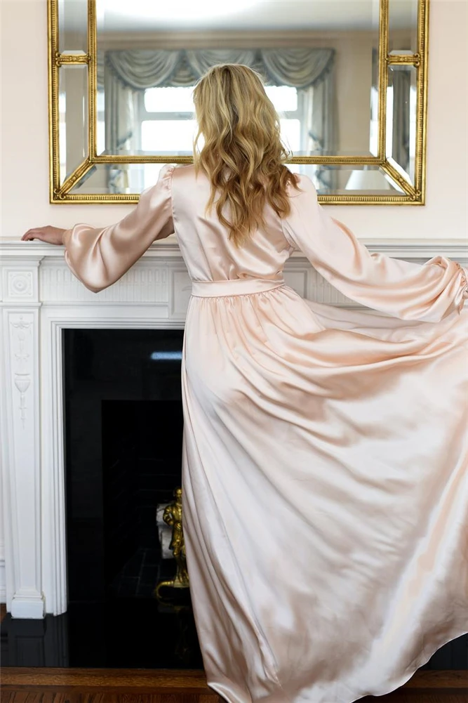 Robe De Mariée en Satin pour femmes, peignoir avec ceinture, sur mesure, vêtements De nuit à manches longues