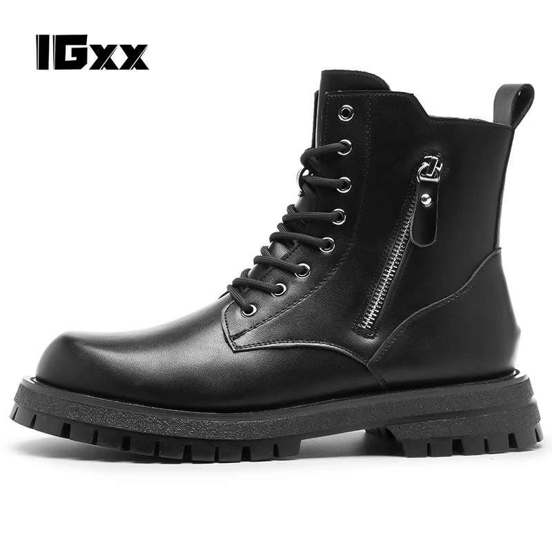 

IGxx New Men winter Boots Genuine Leather High-top Casual Shoes Fashion Style Punk Metal Boots Men Full Grain Ankle Boots