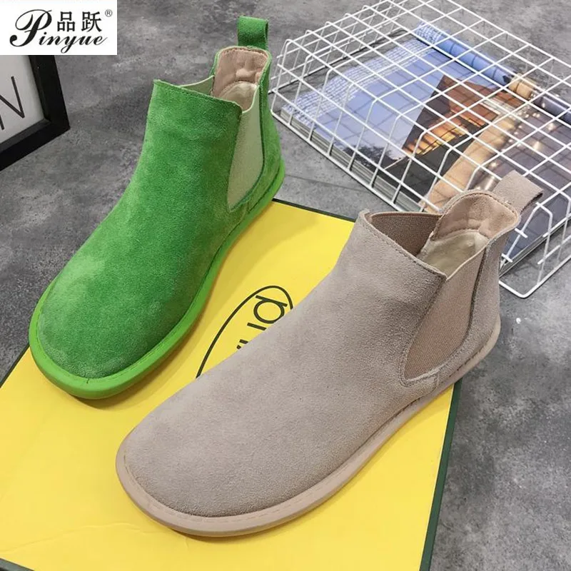 Retro Women\'s Shoes Female Cow Suede Leather Matte Flat Heels Casual Chelsea Ankle Boots Candy Colors Preppy Style Boots