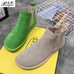 Retro Women's Shoes Female Cow Suede Leather Matte Flat Heels Casual Chelsea Ankle Boots Candy Colors Preppy Style Boots