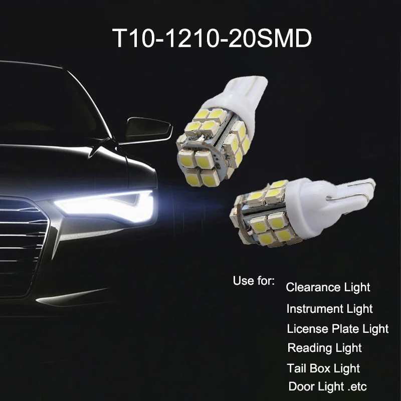 20Pcs White T10 1210 20SMD W5W 194 3528 LED Bulbs For Car Clearance Width Indicator Lamps Reading Licengse Plate Lights 12V