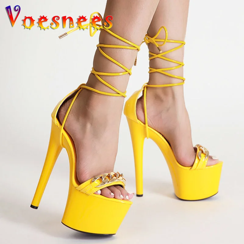 Women One Word Chain Design Platform Sandals New Arrival 2022 Summer High Heels 17CM Sexy Ankle Lace Up Nightclub Stiletto Shoes