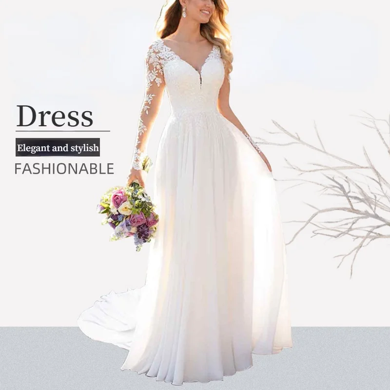 

Europe and America drag tail white wedding dress evening dress autumn new style deep V collar dress back sexy dress