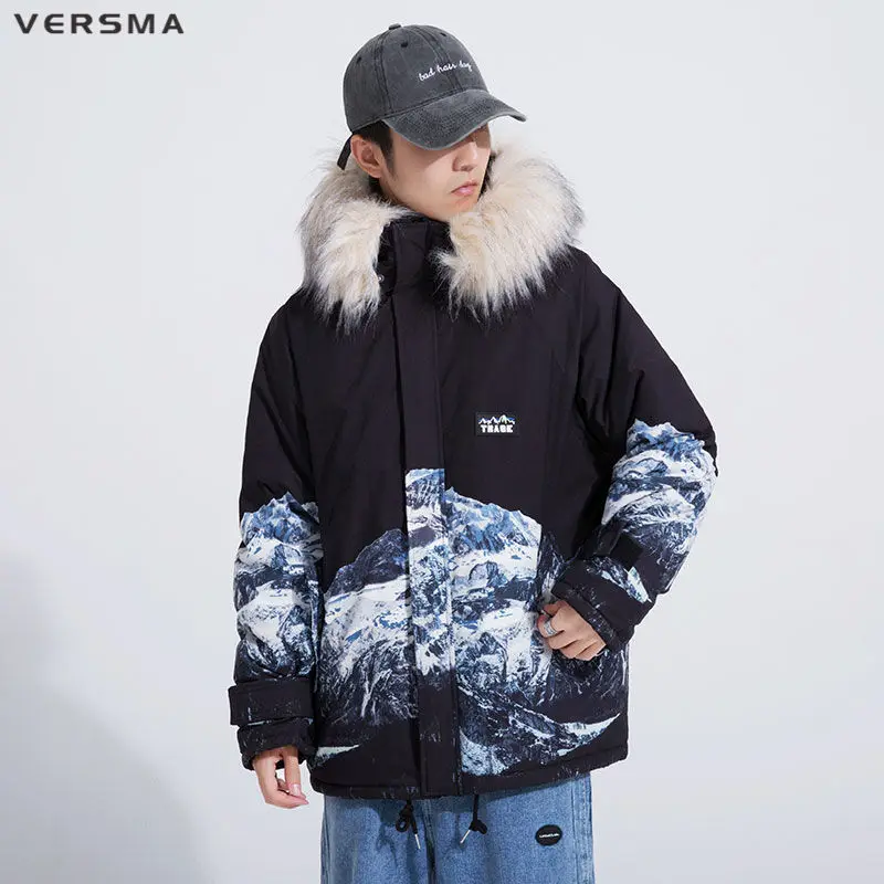 VERSMA Warm Mountain Print Winter Jacket Coat Parka Men Fur Collar Thick Russian Winter Coats Windbreaker For Men Plus Size 5XL