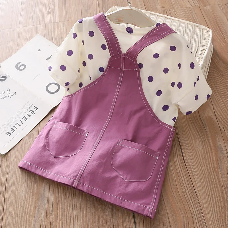 2023 Summer New 3 4 5 6 8 10 Years Baby Overalls Cotton Dress+Short Sleeve Dots T-shirt 2 Pieces School Kids Girls Clothes Set