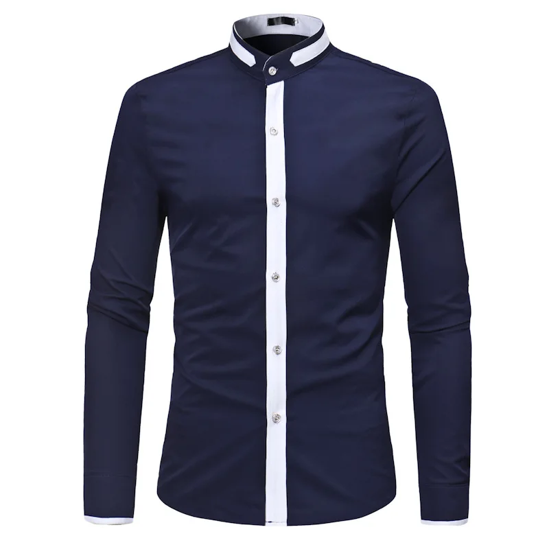 Men\'s Hipster Banded Collar Dress Shirts 2022 Autumn New Slim Fit Long Sleeve Chemise Homme Casual Constrast Color Shirt Male