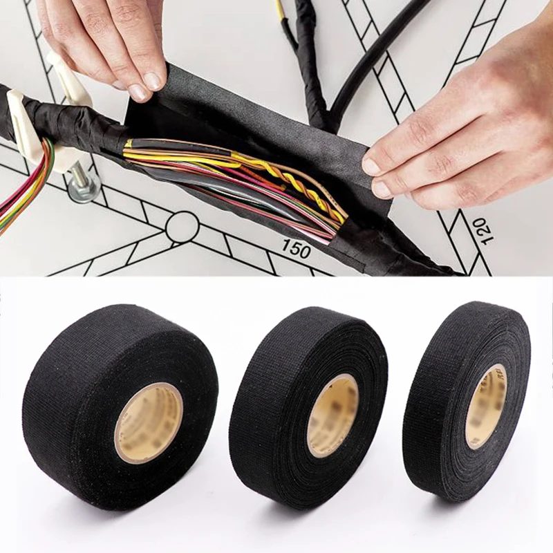 

Black Color 1Roll Width 9/19/25MM Length 15M Wiring Harness Tape Strong Adhesive Cloth Fabric Flame Retardant Tape For Looms Car