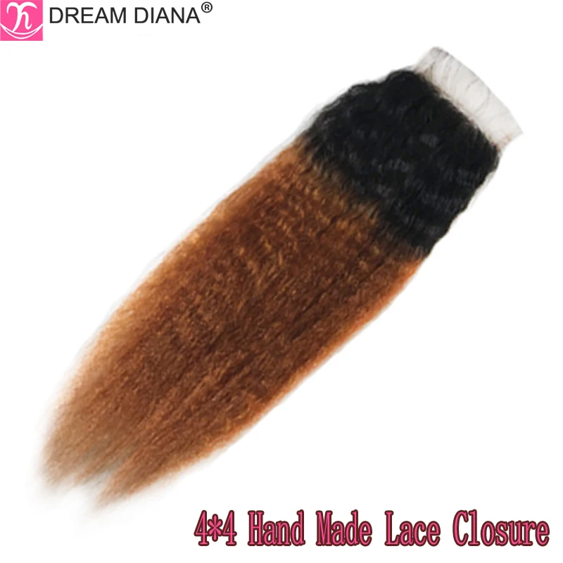 DreamDiana Remy Brazilian Kinky Straight Closure Ombre Curly 4 x 4 Lace Closure Hand Made 100% Human Hair Closure With Baby Hair