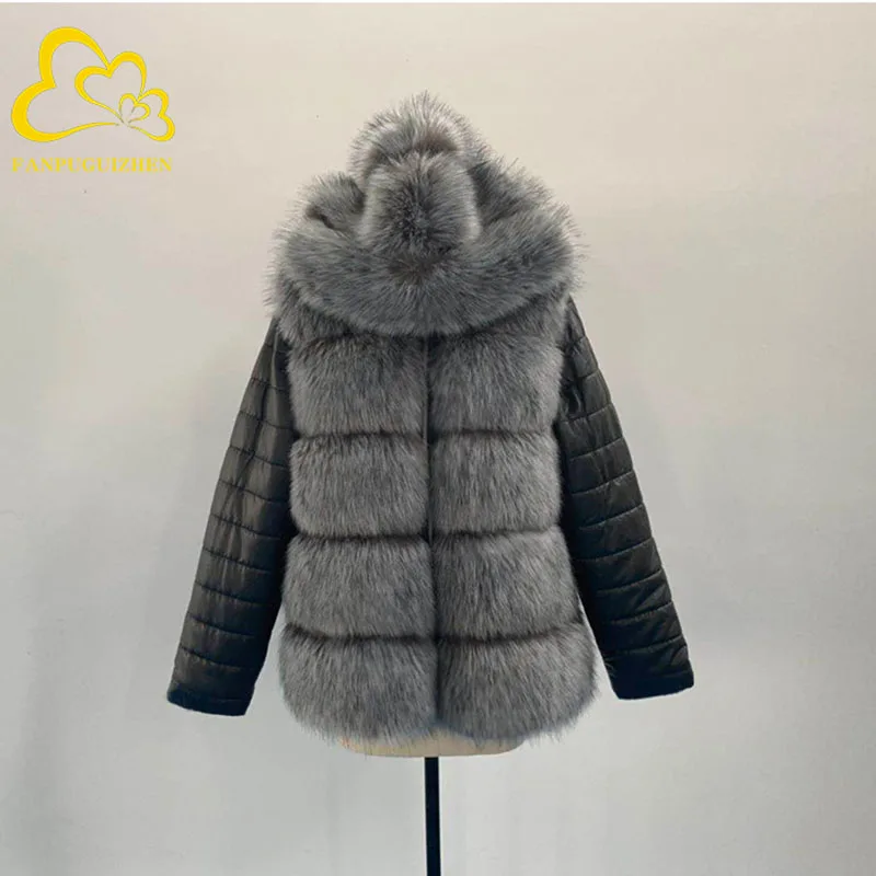 FANPUGUIZHEN Abrigo de piel sintética grueso y cálido de talla grande para mujer, chaqueta con capucha y cremallera, ropa de abrigo de invierno de manga larga extraíble
