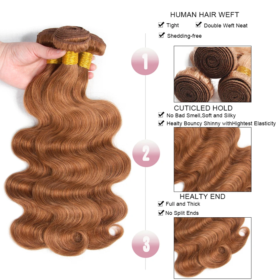 حزم الشعر المنسوج باللون البني من HairUGo 30 # شعر ريمي مموج منسوج 100% حزم شعر بشري 10-26 "بني #33 وصلات شعر بشري