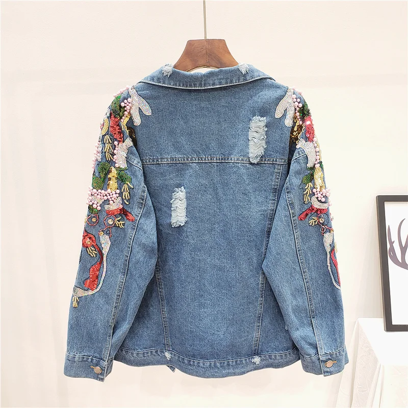 

Embroidery Loose Sleeve Beading Sequin Denim Jacket Women Street Hip-Hop Frayed Single Breasted Short Coat Female Blue Outerwear