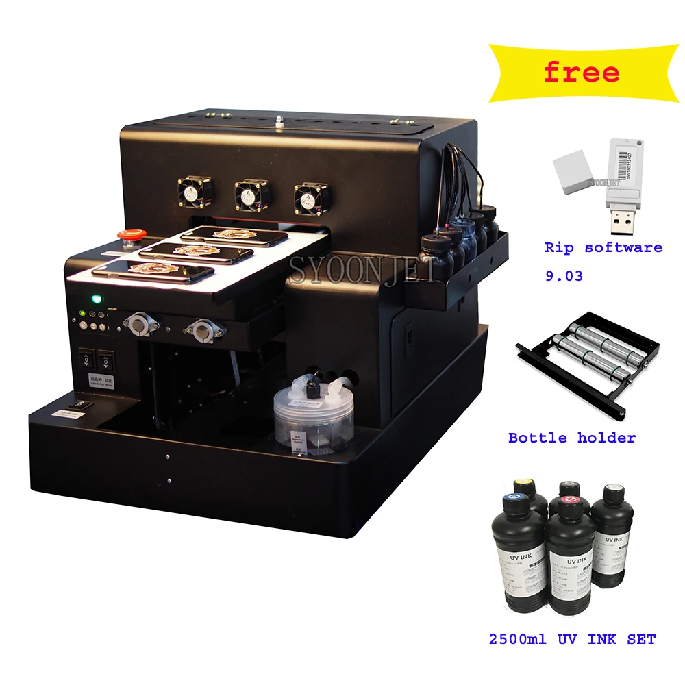 A4 Size Automatic UV Printer UV Printing machine with 2500ml UV ink set for Bottle, Phone Case, Lighter, leather , TPU, Metal