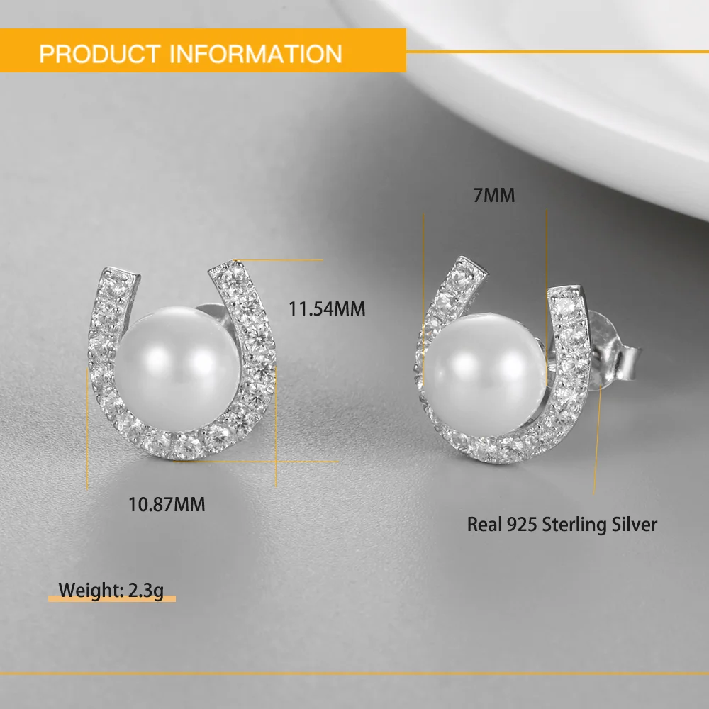 100% Sterling Silver 925  U-shaped Women Stud Earrings with Zircon Shell Simulated-pearl Round Gems Earrings Luxury Ear Jewelry