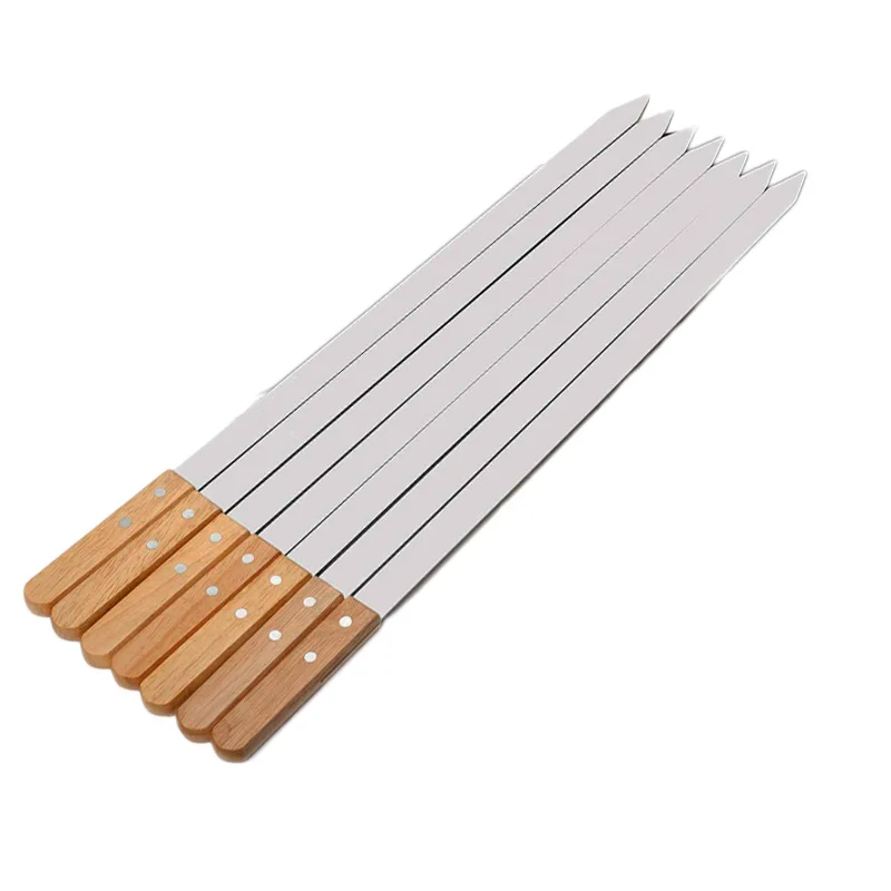 2-8pcs 23.5\'\' Large Stainless Steel BBQ Skewers Oak Wood Barbecue Grill Forks Long Handle Flat Kebab Skewer BBQ Accessories Tool